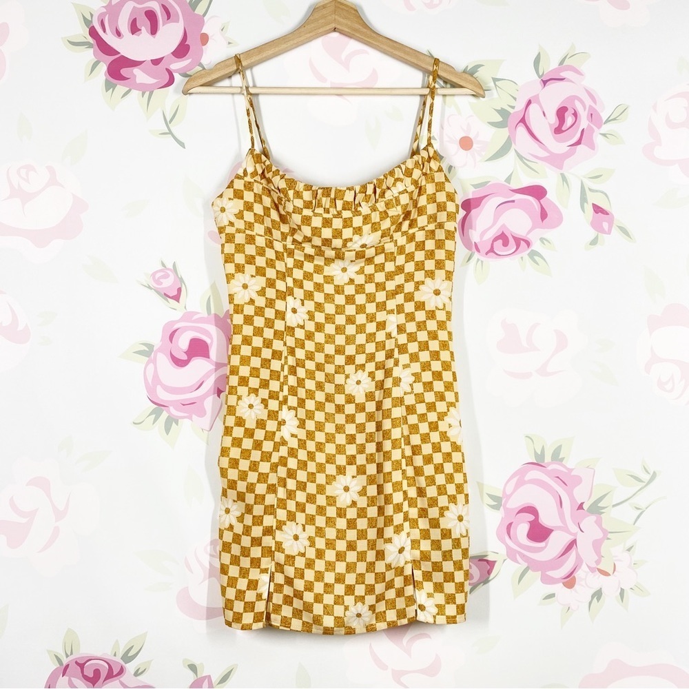 Urban Outfitters UO Floral Checkered Plaid Y2K Yellow Brown Mini Dress S